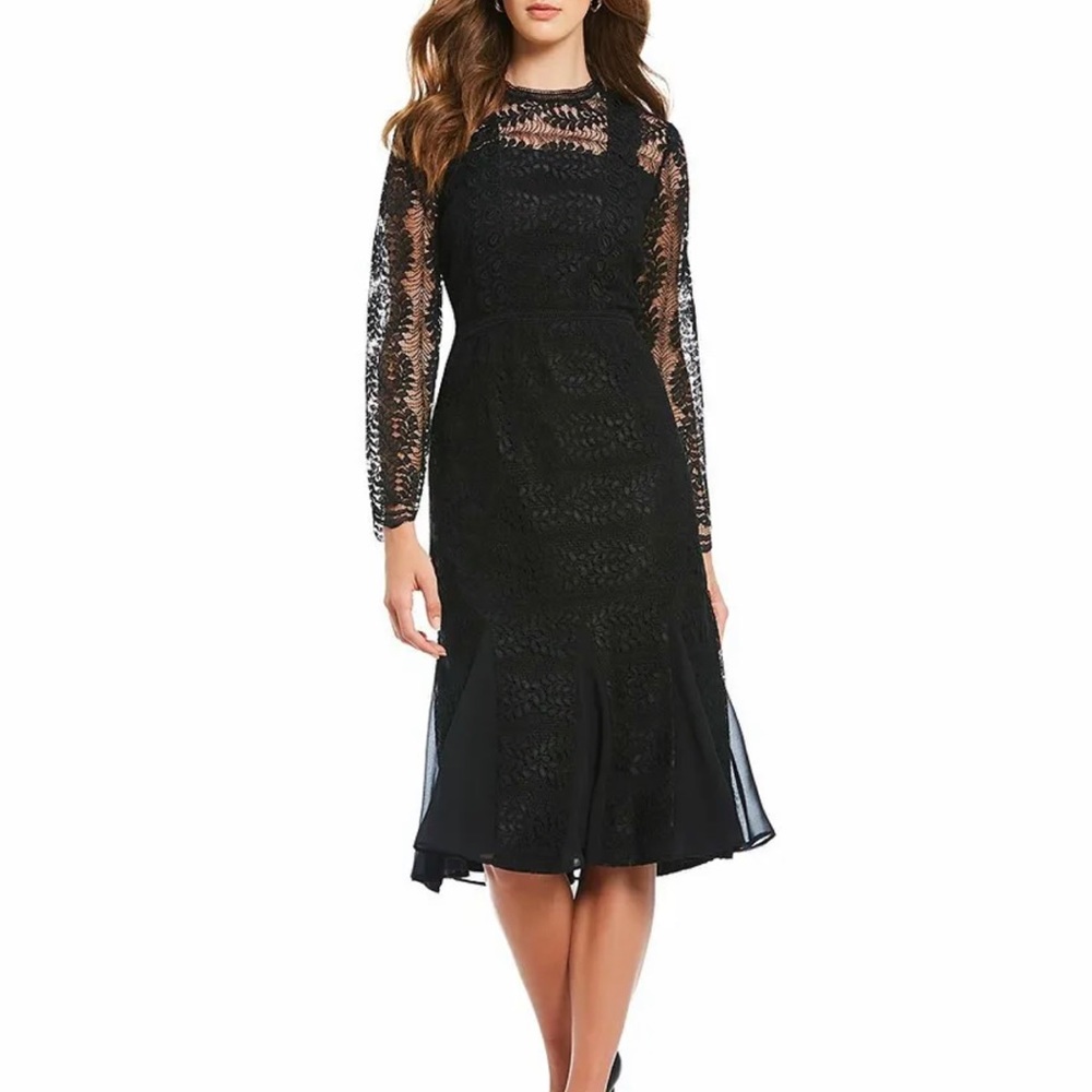 Antonio Melani Monette Illusion Lace Sleeve Flounce Hem Midi Dress Sz 6 NWT